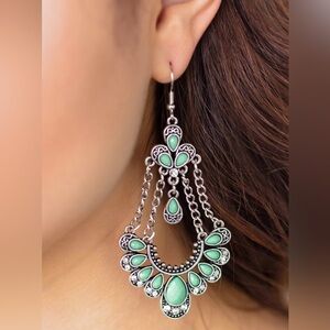 Green bead and crystal rhinestone chandelier earrings